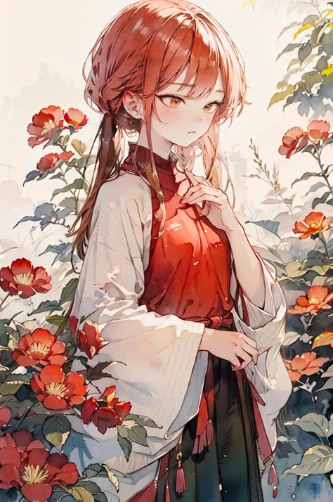 <lora:doukou:0.7> ink, watercolor,, ultra detailed, masterpiece, best quality, aesthetic, detailed,, solo, 1girl, red hair, orange eyes, amber eyes, swept bangs, parted bangs, <lora:LowTwintailsHelper:1> low twintails,
short hair, medium hair, small breasts, <lora:Tsurime3:1>, (tsurime:1.2),