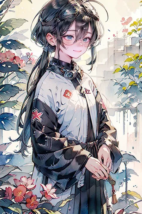 <lora:doukou:0.7> ink, watercolor, (goggles on head:1.2),, ultra detailed, masterpiece, best quality, aesthetic, detailed,, solo, smile, 1girl, aqua eyes, black hair, <lora:low_ponytail-1.0:1> low ponytail, ahoge, absurdly long hair, very long hair, hair flaps, hair between eyes, bangs, crossed bangs, messy hair, small breasts, goggles on head, closed mouth,