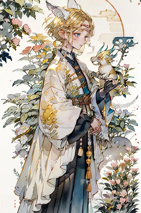 <lora:doukou:0.7> ink, watercolor, <lora:lightdragon-10:0.8> lightdragon, princess zelda, dragon girl, blonde hair, horns, short hair, animal ears,, ultra detailed, masterpiece, best quality, aesthetic, detailed,