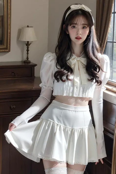<lora:Winter:0.6>curtains, lace, lace-trimmed_legwear, lace_trim, 1girl, solo,upper body, skirt, black_hair, thighhighs, bow, frills, midriff, indoors, white_thighhighs, white_skirt, frilled_skirt, head_out_of_frame, Winter Fairy Coquette, outfit <lora:Suzuki:1:face>