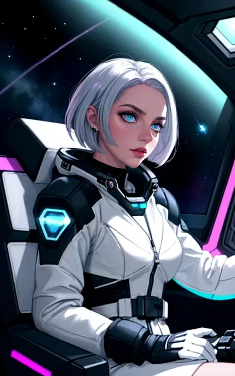 ([style of Jovana Rikalo, OverallDetail:style of Liam Wong, HairDetail SkinDetail:0.4]:1.3),  (beautiful busty skinny british woman sitting in spaceship cockpit looking over shoulder at viewer:1.2), (cute face, over the shoulder:1.1), (movie still:1.1), side view, (spaceship cockpit:1.1), glowing holographic instruments, (beautiful face:1.11), from behind, smart fabric flightsuit:1.1, lightweight structured jacket with sharp geometric lines, utility belt, kneehigh boots, fingerless gloves, (large spaceship cockpit with highly polished flooring and stellar view), backlit hair, perfect face, feminine physique, (pale freckles:0.6), (black and silver accents), perfect eyes, low key, joystick++, thin pouting lips, (white++ bob hair, ombre tips:1.2), wide set soft+ turquoise++ eyes, skin pores, (small retrousse nose:1.2), (pale skin), supernova, dramatic angle, eyelid shimmer makeup, silver eyeshadow, iridescent cheekbones, muted rose lips, deep space blue, (available light:0.7), BREAK, starlight silver, nebula pink, black hole black, planetary rings, asteroid clusters, geometric shapes, angular contours, Holographic control panels, chiaroscuro effects, reflective surfaces, starfilled skies, distant galaxies, shimmering surfaces, iridescent scifi materials, clean lines, modernistic details