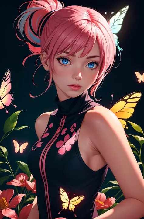 1girl, pink hair, sleeveless turtleneck, orange glow, swirling butterflies and flowers, (highres, highly detailed:1.2), cinematic lighting, vibrant colors, <lora:epi_noiseoffset2:0.25>, <lora:more_details:0.25>