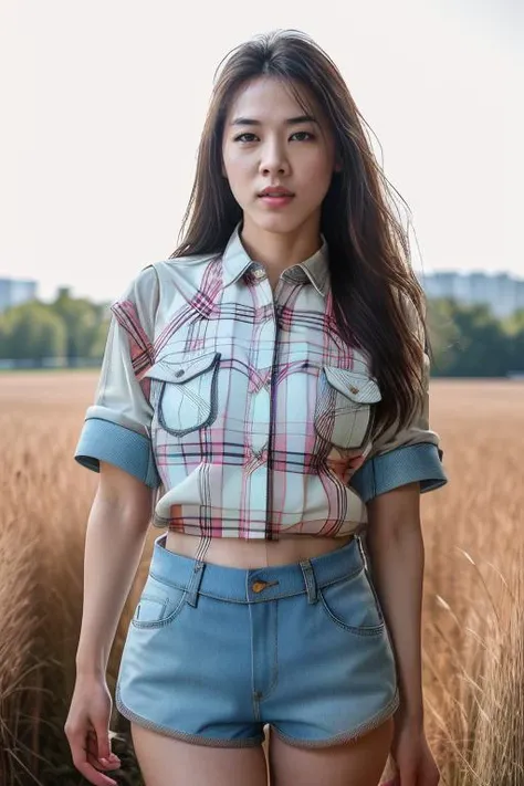 DEN_shu_lin_pei,
(walking through a tallgrass meadow wearing (Jean shorts:1.3) and (plaid shirt:1.3), meadow, wild, overgrown, walking,:1.2),
bokeh, f1.4, 40mm, photorealistic, raw, 8k, textured skin, skin pores, intricate details <lora:epi_noiseoffset2:1>, epiCRealism