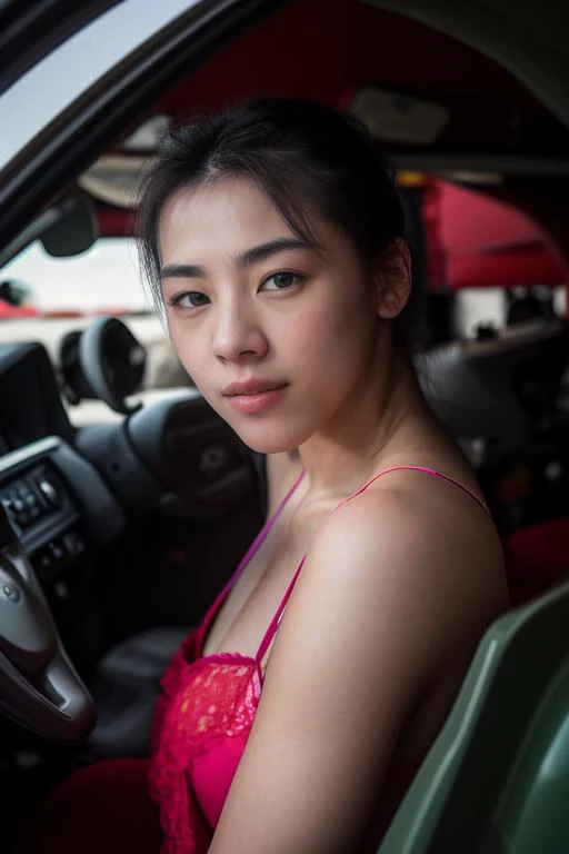 cruel ((Thai goth 40 yo goddess)) sitting in a car with her feet up while talking on her cell phone, short pleated skirt, plump thighs, thin pubes, low quality photo, in the middle of the cannabis forest Tokyo city streets, city streets behind her, driving