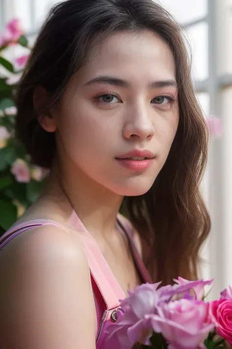 DEN_shu_lin_pei,
(in a giant glass green house filled with exotic flowers and plants wearing overalls and a bandana walking through the flowers, arboretum, green house, glass, plants, flowers:1.2),
bokeh, f1.4, 40mm, photorealistic, raw, 8k, textured skin, skin pores, intricate details <lora:epi_noiseoffset2:1>, epiCRealism <lora:ClothingAdjuster3:-1>