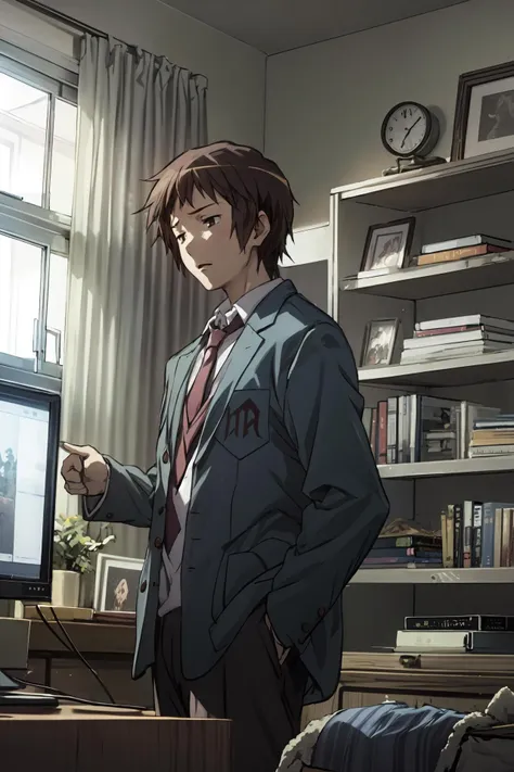(masterpiece),best quality,<lora:Kyon:0.9>,1boy,  kyon, kita high school uniform, necktie, blazer, book, bookshelf, chair, indoors, office, old computer, old monitor,   window, big room, school chair  <lora:Adddetail:0.7>