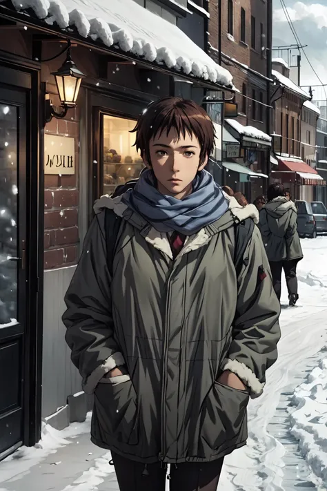 (masterpiece),best quality,<lora:Kyon:0.75>, Kyon, coat,scarf, winter, snowing,snow, walking, street, shop, sidewalk, mist, cloud,people, light sunlight,breath, looking at the viewer, <lora:Adddetail:0.7>