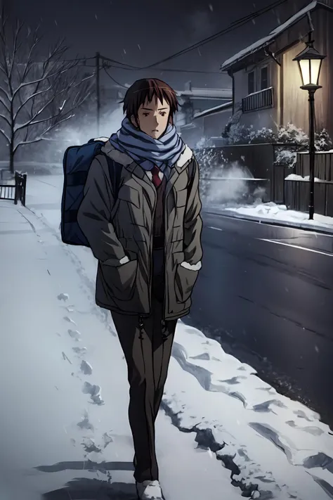 (masterpiece),best quality,<lora:Kyon:0.85>, Kyon, coat,scarf, open clothes, open jacket, backpack, close, winter, snowing,snow, walking, street, harsh ascent, side tree, fog, (night:1.2), bloodmoon, visible breath, looking at the viewer, <lora:Adddetail:0.7>