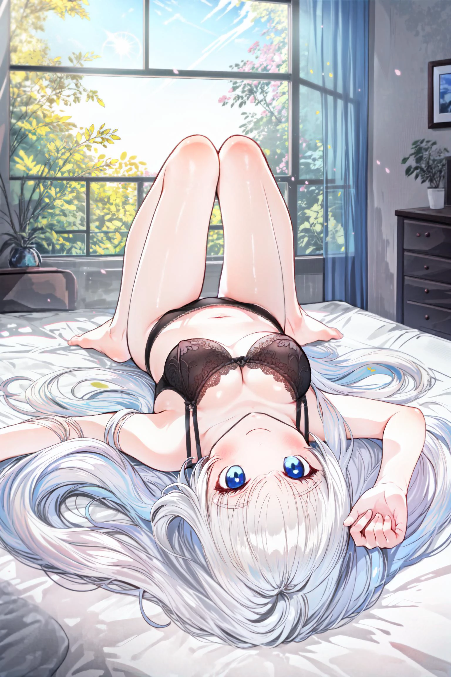 1girl, solo, blue eyes,
age, large breast, white hair, (very long hair), black bra, cleavage, navel, panties, shiny thigh, god light, smile,bedroom, kawaii, decoration, window, sunshine, (looking at viewer), bare foot, spread legs, stretch arms,
<lora:upside-down_01:0.7>, upside-down, knees up, on bed