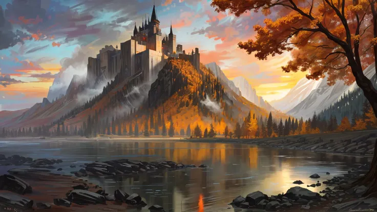 excellent oil painting of a mountain landscape in autumn,vibrant colors,powerfull style with epic dramatism,small willage,young passants and cows,river and lake, dark vampire castle in mountian peak, best quality,maximum quality,intricate details,ultrasahrp,ambient oclusion,realistic shadows,art by Bastien Lecouffe Deharme,8k,oil art,<lora:add_detail:1> <lora:royta v1.1:0.4>,