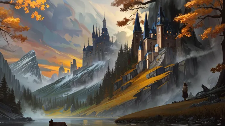 excellent oil painting of a mountain landscape in autumn,vibrant colors,powerfull style with epic dramatism,small willage,young passants and cows,river and lake, dark vampire castle in mountian peak, best quality,maximum quality,intricate details,ultrasahrp,ambient oclusion,realistic shadows,art by Bastien Lecouffe Deharme,8k,oil art,<lora:add_detail:1> <lora:royta v1.1:0.4>,