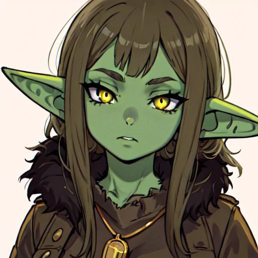 flick, goblin, Original Character, Volumetric Lighting, Best Shadows, Shallow Depth of Field, Portrait of a goblin girl, grayish green skin, yellowish sclera, black pupil, beautiful face, (long big pointed nose:1.2),( long big pointed ears:1.2), long black hair, coin necklace,
medium breasts,
brown clothes with fur peeking through, white fur, gold inserts in clothes,
(Highest Quality, Amazing Details:1.25), (Solo:1.3), Brilliant Colorful Paintings,
<lora:Flick:0.5>, <lora:goblin_datasets_pruned:0.6>
white background,