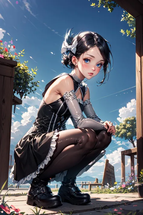 ((masterpiece)), (best quality), official art, extremely detailed CG, unity 8k wallpaper, ultra detailed,
1girl, marley_pkm, hair bow, gothic dress, detached sleeves, black leggings, black boots,
Squatting with hands on ankles, outdoors, full body,
<lora:HerrscherAGGA2023_Marley_V1:0.8>,