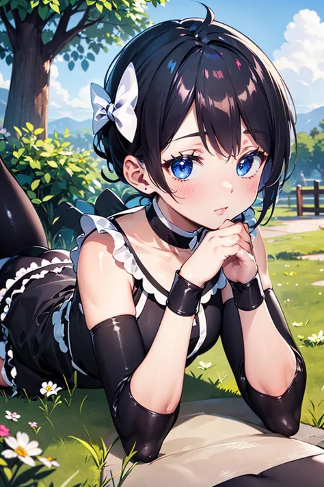 masterpiece, best quality, extremely detailed, (((eishin flash,))) (((umamusume,))) 1 girl, young, cute face, (((blush,))) (((black hair,))) medium hair, blue eyes, (huge breasts,) beautiful detailed blue eyes, white skin, (((gleaming skin,))) (((oil,))) (((gleaming skin,))) (((glistening skin,))) ((embarrassed,)) (((black bra,))) (((black underwear,))) (((horse ear,))) closed mouth, hairs between eyes, ((parted bangs,)) ((bob cut,))