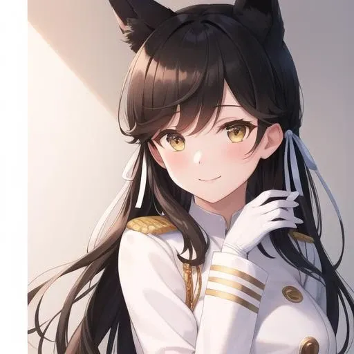 (masterpiece, best quality:1.2),illustration,8k,hd,1girl,solo,upper body,(portrait:1.2),animal_ears,black_hair,long_hair,large_breasts,bangs,mole_under_eye,extra_ears,smile,brown_eyes,white_ribbon,hair_ribbon,swept_bangs,yellow_eyes,black_thighhighs,skirt,uniform,garter_straps,miniskirt,white_gloves,long_sleeves,buttons,<lora:Atago(azur)>,