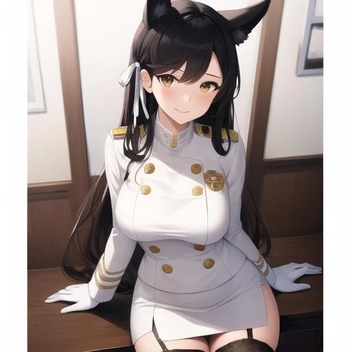 perfect face, atago, black hair, long hair, brown eyes, animal ears, ((dark background)), facing forward, cowboy shot, lust smile, in the center, giant breasts, ((on her knees)), hands on hips, ((white bodysuit)), cleavage, nipples