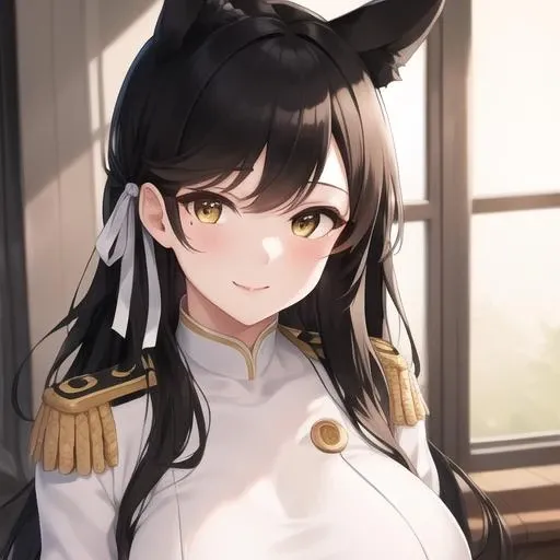 (masterpiece, best quality:1.2),illustration,8k,hd,1girl,solo,upper body,(portrait:1.2),animal_ears,black_hair,long_hair,large_breasts,bangs,mole_under_eye,extra_ears,smile,brown_eyes,white_ribbon,hair_ribbon,swept_bangs,yellow_eyes,black_thighhighs,skirt,uniform,garter_straps,miniskirt,white_gloves,long_sleeves,buttons,<lora:Atago(azur)>,