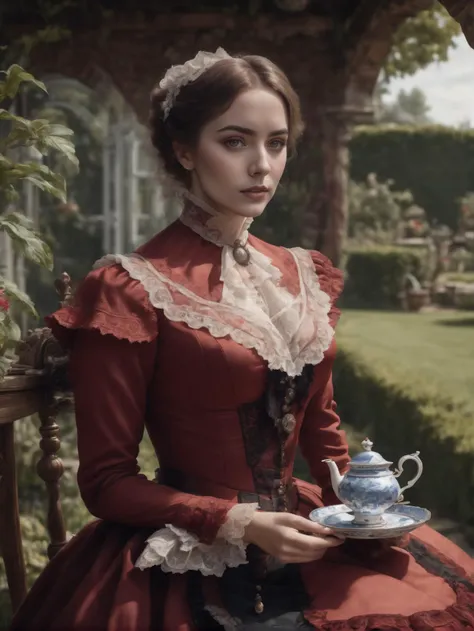 8k, masterpiece, highly detailed, realistic, photograph,
woman wearing a red (victorian dress), <lora:victorian_dress-XL-2.0:1>
tea set, table, from side, garden, looking at viewer, cowboy shot, sitting