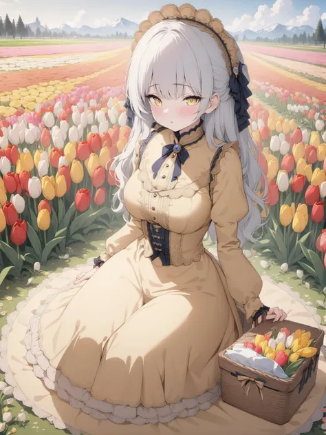 8k, masterpiece, highly detailed,
1girl wearing a yellow (victorian dress), <lora:victorian_dress-XL-2.0:1>
silver hair, picnic basket, tulips, flower field, sitting