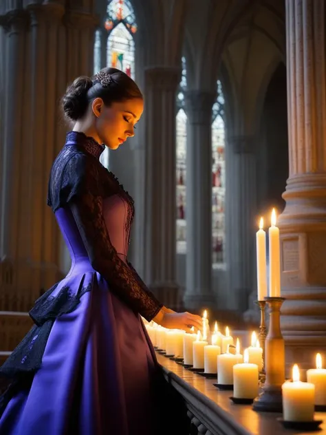breathtaking woman wearing a purple (victorian dress), <lora:victorian_dress-XL-2.0:1>
candles, cathedral, stone pillar, praying, black lace, satin . award-winning, professional, highly detailed