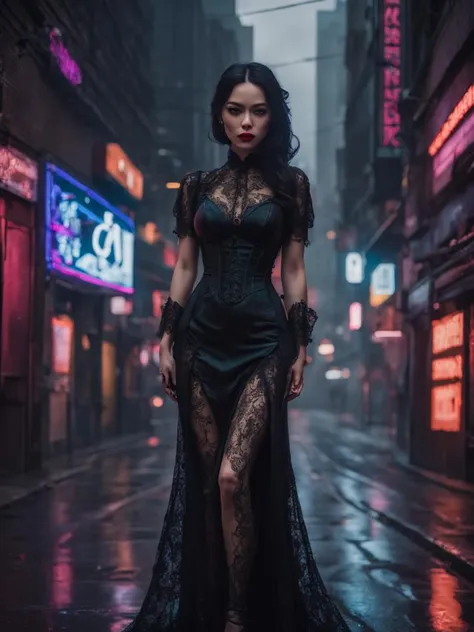 Neon noir beautiful woman, ((victorian dress)), <lora:xl_victorian_dress-1.0:0.8>, full body, long dress, lace, long dress . Cyberpunk, dark, rainy streets, neon signs, high contrast, low light, vibrant, highly detailed