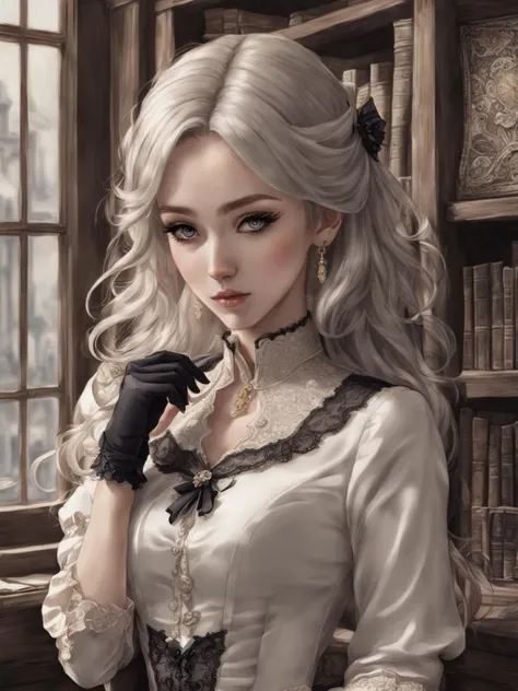 breathtaking (anime), beautiful woman, (victorian dress), <lora:xl_victorian_dress-1.0:0.8>, library, quills, ink . award-winning, professional, highly detailed