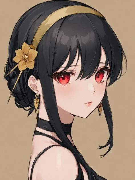 <lora:约å°ç¦æ°:1>,1girl, red_eyes, yor_briar, solo, hairband, black_hair, jewelry, earrings, sidelocks, portrait, looking_at_viewer, parted_lips, hair_ornament, flower, bare_shoulders, hair_between_eyes, hair_flower, gold_hairband, simple_background, bangs, brown_background, black_dress, dress