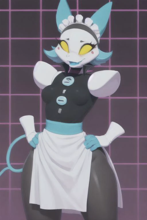 tasquemanager, (best quality, masterpiece:1), cat girl, hands on hips, solo, (maid dress, maid headdress, pelvic curtain:1.2), (electric plug:1.2), open mouth, (standing, sexy pose, looking at viewer:1.0), seductive, (grid background:1.2), medium breasts, armless, <lora:tasquemanager-v1-locon:1>