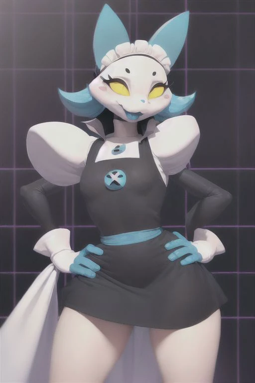 tasquemanager, (best quality, masterpiece:1), cat girl, hands on hips, solo, (maid dress, maid headdress, pelvic curtain:1.2), (electric plug:1.2), open mouth, (standing, sexy pose, looking at viewer:1.0), seductive, (grid background:1.2), medium breasts, armless, <lora:tasquemanager-v1-locon:1>