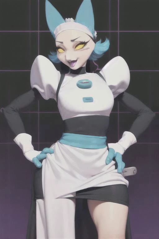 tasquemanager, (best quality, masterpiece:1), cat girl, hands on hips, solo, (maid dress, maid headdress, pelvic curtain:1.2), (electric plug:1.2), open mouth, (standing, sexy pose, looking at viewer:1.0), seductive, (grid background:1.2), medium breasts, armless, <lora:tasquemanager-v1-locon:1>