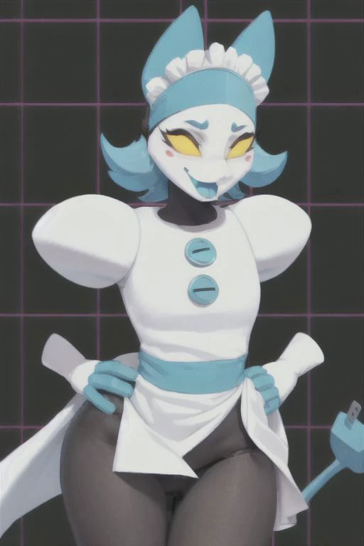 tasquemanager, (best quality, masterpiece:1), cat girl, hands on hips, solo, (maid dress, maid headdress, pelvic curtain:1.2), (electric plug:1.2), open mouth, (standing, sexy pose, looking at viewer:1.0), seductive, (grid background:1.2), medium breasts, armless, <lora:tasquemanager-v1-locon:1>