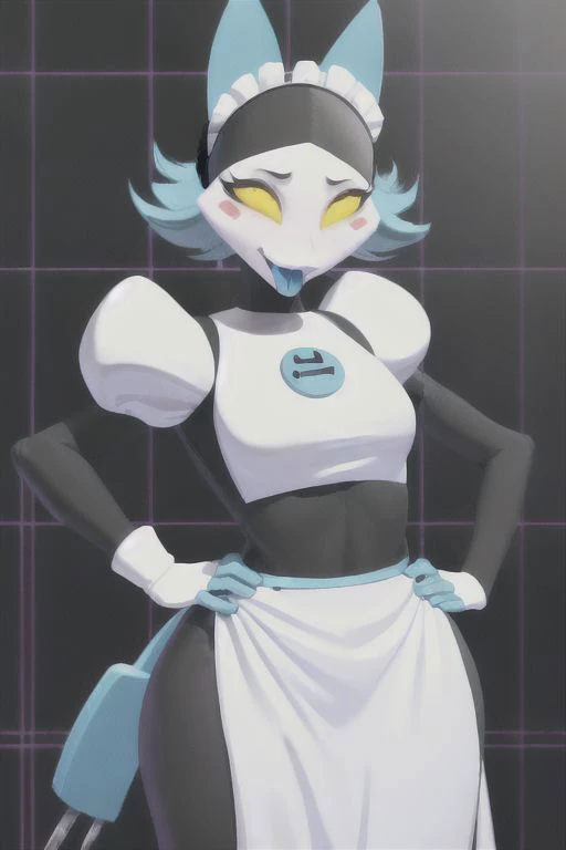 tasquemanager, (best quality, masterpiece:1), cat girl, hands on hips, solo, (maid dress, maid headdress, pelvic curtain:1.2), (electric plug:1.2), open mouth, (standing, sexy pose, looking at viewer:1.0), seductive, (grid background:1.2), medium breasts, armless, <lora:tasquemanager-v1-locon:1>