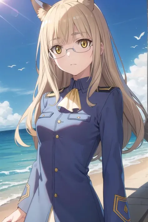 perrineclostermann, <lora:perrine clostermann anime-lora-nochekaiser:1>,
perrine clostermann, long hair, blonde hair, animal ears, (yellow eyes:1.5), glasses, dog ears,
BREAK uniform, military, military uniform, ascot, white ascot,
BREAK outdoors, ship, ocean, sun, sky, clouds,
BREAK looking at viewer, (cowboy shot:1.5),
BREAK <lyco:GoodHands-beta2:1>, (masterpiece:1.2), best quality, high resolution, unity 8k wallpaper, (illustration:0.8), (beautiful detailed eyes:1.6), extremely detailed face, perfect lighting, extremely detailed CG, (perfect hands, perfect anatomy),