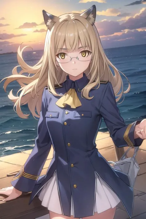 perrineclostermann, <lora:perrine clostermann anime-lora-nochekaiser:1>,
perrine clostermann, long hair, blonde hair, animal ears, (yellow eyes:1.5), glasses, dog ears,
BREAK uniform, military, military uniform, ascot, white ascot,
BREAK outdoors, ship, ocean, sun, sky, clouds,
BREAK looking at viewer, (cowboy shot:1.5),
BREAK <lyco:GoodHands-beta2:1>, (masterpiece:1.2), best quality, high resolution, unity 8k wallpaper, (illustration:0.8), (beautiful detailed eyes:1.6), extremely detailed face, perfect lighting, extremely detailed CG, (perfect hands, perfect anatomy),