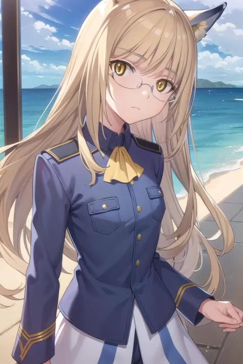 perrineclostermann, <lora:perrine clostermann anime-lora-nochekaiser:1>,
perrine clostermann, long hair, blonde hair, animal ears, (yellow eyes:1.5), glasses, dog ears,
BREAK uniform, military, military uniform, ascot, white ascot,
BREAK outdoors, ship, ocean, sun, sky, clouds,
BREAK looking at viewer, (cowboy shot:1.5),
BREAK <lyco:GoodHands-beta2:1>, (masterpiece:1.2), best quality, high resolution, unity 8k wallpaper, (illustration:0.8), (beautiful detailed eyes:1.6), extremely detailed face, perfect lighting, extremely detailed CG, (perfect hands, perfect anatomy),