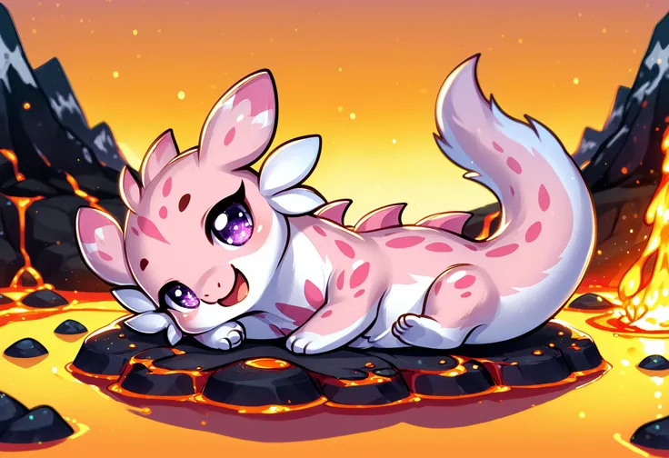 score_9, score_8_up, score_7_up, source_anime BREAK
volcano background, fire, magma, lava, smoke
Chillet_Palworld, feral, light pink fur, white underbelly, hot pink back spikes, hot pink chest markings, hot pink spots, hot pink-tipped ears, whiskers, long animal ears, long tail, purple eyes
lying down, on stomach, full body, looking at viewer, open mouth, head tilt, half closed eyes, smile, (facing viewer:1.2), asleep, sleeping, curled up
detailed background, beautiful scenery
<lora:add-detail-xl:1>
<lora:Chillet_Palworld:0.8>
<lora:Chibi_Dragon:1> cheeb_drg, dragon, chibi