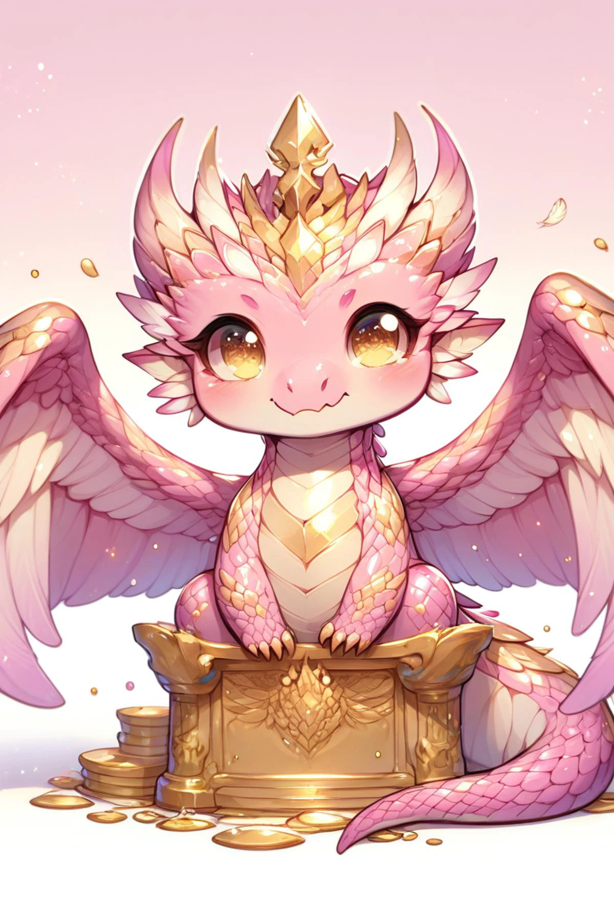 score_9, score_8_up, score_7_up, source_anime BREAK
palace, throne, red carpet
cheeb_drg, chibi, (pink scales:1.7), (gold underscales:1.7), dragon, sitting, serious expression, white cape, yellow eyes, crown, facing viewer, (feathered wings:1.8), wings, (feathers:1.6)
beautiful background, detailed scenery
<lora:ClearHand-V2:1>
<lora:add-detail-xl:1>
<lora:PE_AnimeBG:1> <lora:Chibi_Dragon:1>