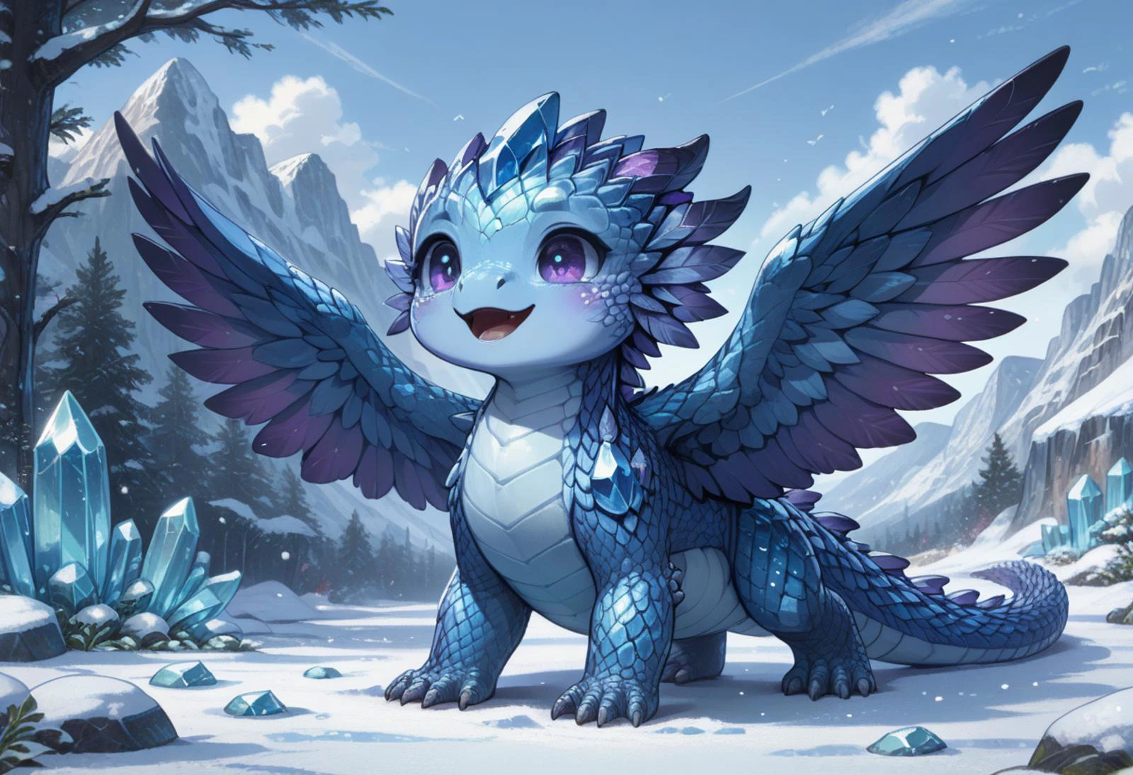 score_9, score_8_up, score_7_up, source_anime BREAK
winter, snow, trees, mountains, ice
cheeb_drg, chibi, (crystal scales:1.7), (blue underbelly:1.7), dragon, running, roaring, happy, mouth open, on all fours, white cape, blue eyes, silver necklace, facing viewer, (feathered wings:1.8), wings, (purple feathers:1.6)
beautiful background, detailed scenery
<lora:add-detail-xl:1>
<lora:PE_AnimeBG:1> <lora:Chibi_Dragon:1>
