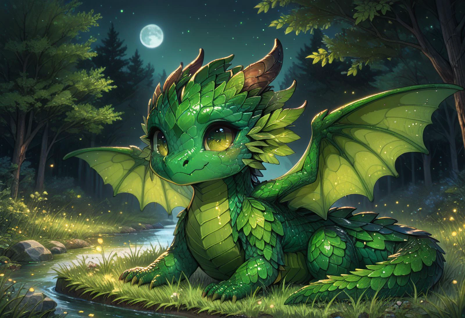 score_9, score_8_up, score_7_up, source_anime BREAK
forest, bushes, trees, night, river, fireflies, moonlight, moon dark
cheeb_drg, chibi, (grass scales:1.7), (green underbelly:1.7), moss dragon, (green eyes:1.4), drinking water, facing viewer, wings, wings made of leaves
beautiful background, detailed scenery
<lora:add-detail-xl:1>
<lora:PE_AnimeBG:1> <lora:Chibi_Dragon:1>