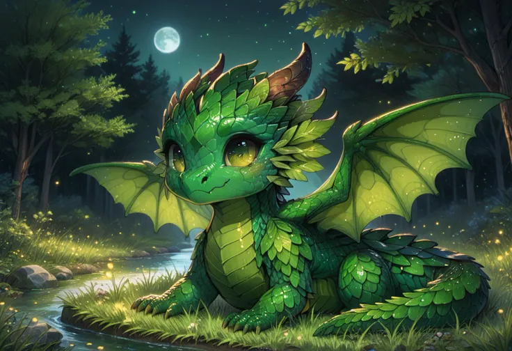 score_9, score_8_up, score_7_up, source_anime BREAK
forest, bushes, trees, night, river, fireflies, moonlight, moon dark
cheeb_drg, chibi, (grass scales:1.7), (green underbelly:1.7), moss dragon, (green eyes:1.4), drinking water,  facing viewer, wings, wings made of leaves
beautiful background, detailed scenery
<lora:add-detail-xl:1>
<lora:PE_AnimeBG:1> <lora:Chibi_Dragon:1>