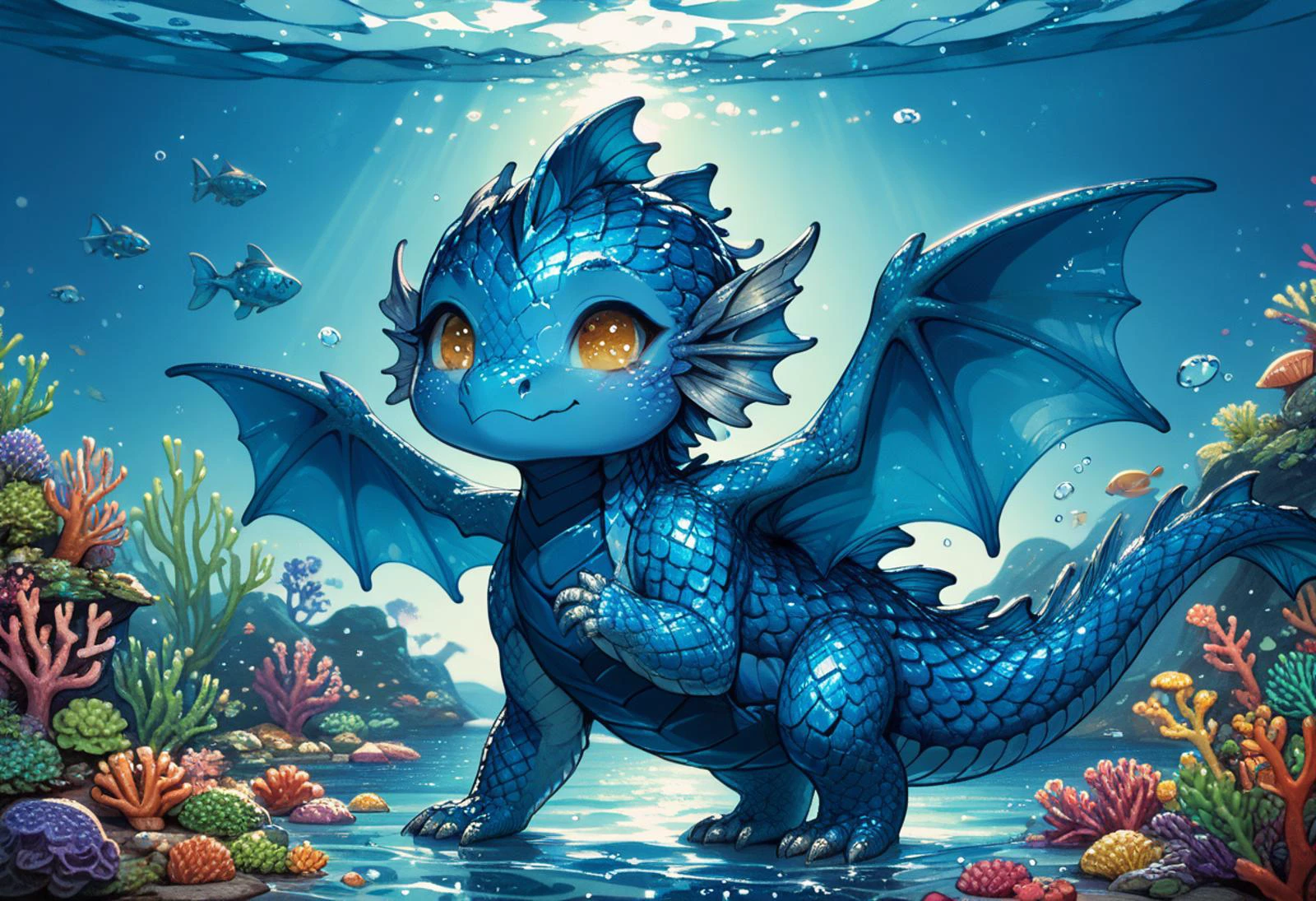 score_9, score_8_up, score_7_up, source_anime BREAK
ocean, underwater, coral, fish
cheeb_drg, chibi, (water scales:1.7), (blue underbelly:1.7), dragon, (redeyes:1.4), swimming, fish tail, facing viewer, gold eyes, wings, fins
beautiful background, detailed scenery
<lora:add-detail-xl:1>
<lora:PE_AnimeBG:1> <lora:Chibi_Dragon:1>