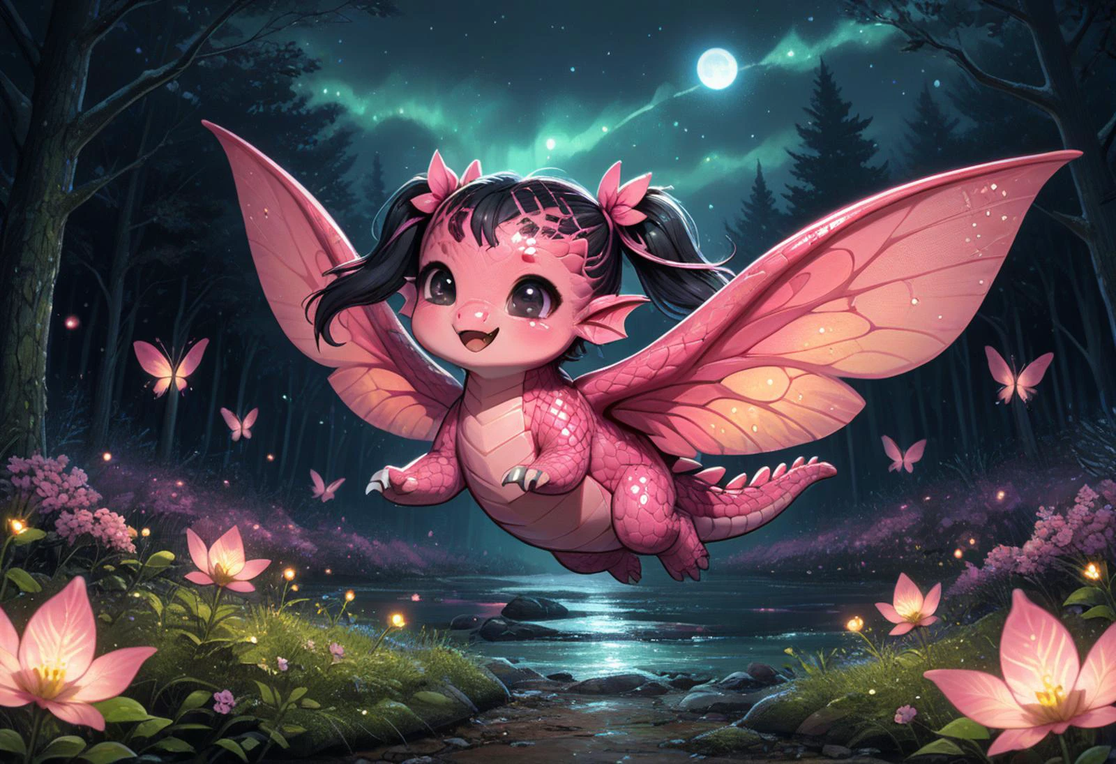 score_9, score_8_up, score_7_up, source_anime BREAK
forest, faerie lights, fireflies, dark, night, moonlight
cheeb_drg, chibi, (pink scales:1.7), (pink underbelly:1.5), (black eyes:1.3), (flying:1.2), happy, (black hair:1.3), (twintails:1.4), faerie wings, fairy wings, pink wings, fang, :3, wings
beautiful background, detailed scenery
solo
<lora:add-detail-xl:1>
<lora:PE_AnimeBG:1> <lora:Chibi_Dragon:1>