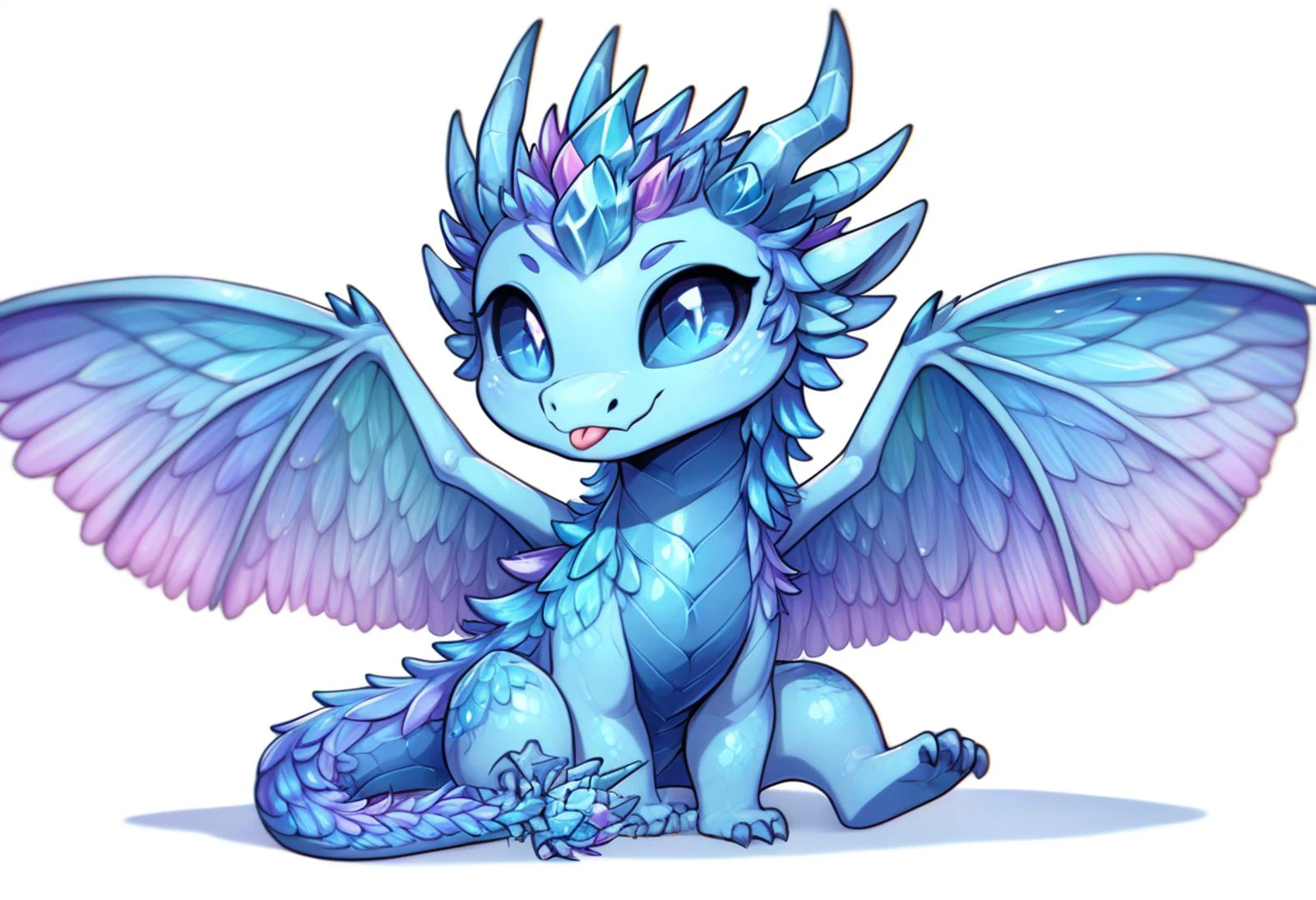 score_9, score_8_up, score_7_up, score_6_up, source_anime, source_furryBREAK
white background
<lora:Beth_Dragon_Lora:0.4> <lora:B_DragonPXL:0.7>
dragon, (facing viewer:1.5), sitting, tongue out, head tilt
dragon, B_dragon, B_DragonPXL, two wings, crystal horns, feather wings, (two wings:1.5), scales, scaled chest, feral, quadraped, long tail, (blue schlera:1.4), blue eyes, slit pupils, dark blue pupils, quadraped, one tail, crystal lotus on end of tail
blue dragon
cheeb_drg, chibi, crystal scales, (light blue underbelly:1.5), looking at viewer, facing viewer, (crystal wings:1.8), wings, (crystal feathers:1.6)
<lora:Chibi_Dragon:1>