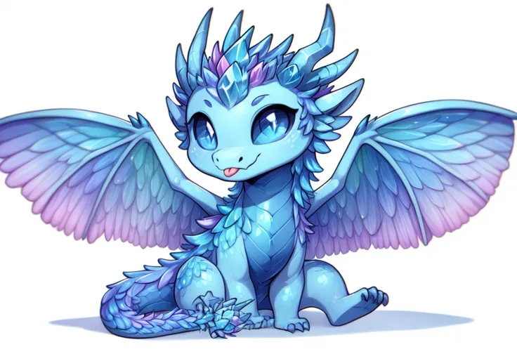 score_9, score_8_up, score_7_up, score_6_up, source_anime, source_furryBREAK
white background
<lora:Beth_Dragon_Lora:0.4> <lora:B_DragonPXL:0.7>
dragon, (facing viewer:1.5), sitting, tongue out, head tilt
dragon, B_dragon, B_DragonPXL, two wings, crystal horns, feather wings, (two wings:1.5), scales, scaled chest, feral, quadraped, long tail, (blue schlera:1.4), blue eyes, slit pupils, dark blue pupils, quadraped, one tail, crystal lotus on end of tail
blue dragon
cheeb_drg, chibi, crystal scales, (light blue underbelly:1.5), looking at viewer, facing viewer, (crystal wings:1.8), wings, (crystal feathers:1.6)
<lora:Chibi_Dragon:1>
