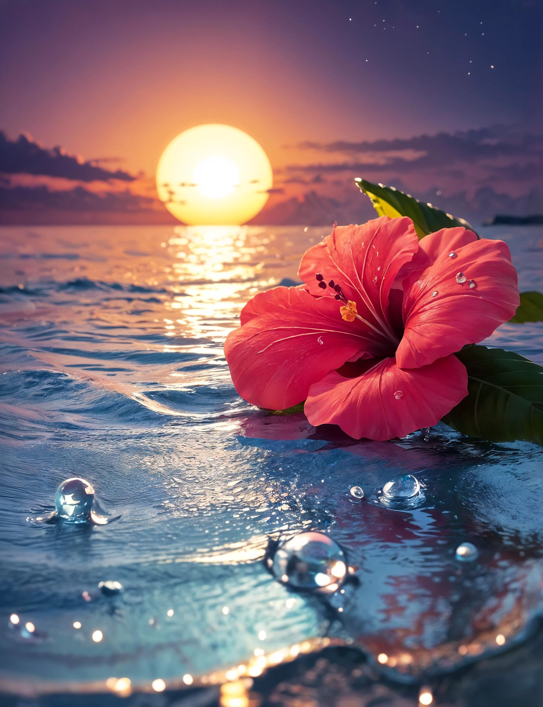 hibiscus Moon with water drops,neon glow, random background, sun rise, bokha mood