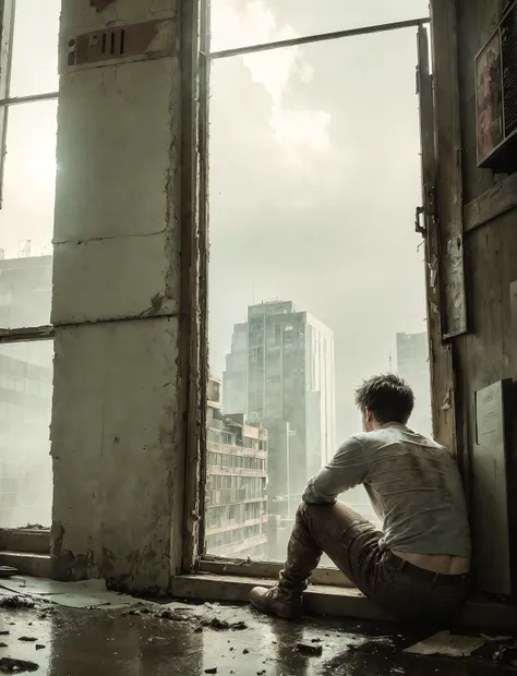 glamour shot (close-up:0.5) from behind of a sad naked male in his 20s, torn shirt, 1boy, starving, dirty, leaning on a window, freezing, boots, end of the world, epic realistic, (hdr:1.4), (muted colors:1.4), UHD, apocalypse, abandoned, neutral colors, night, screen space refractions, (intricate details), (intricate details, hyperdetailed:1.2), artstation, cinematic shot, vignette, complex background, building, from bottom, raytracing