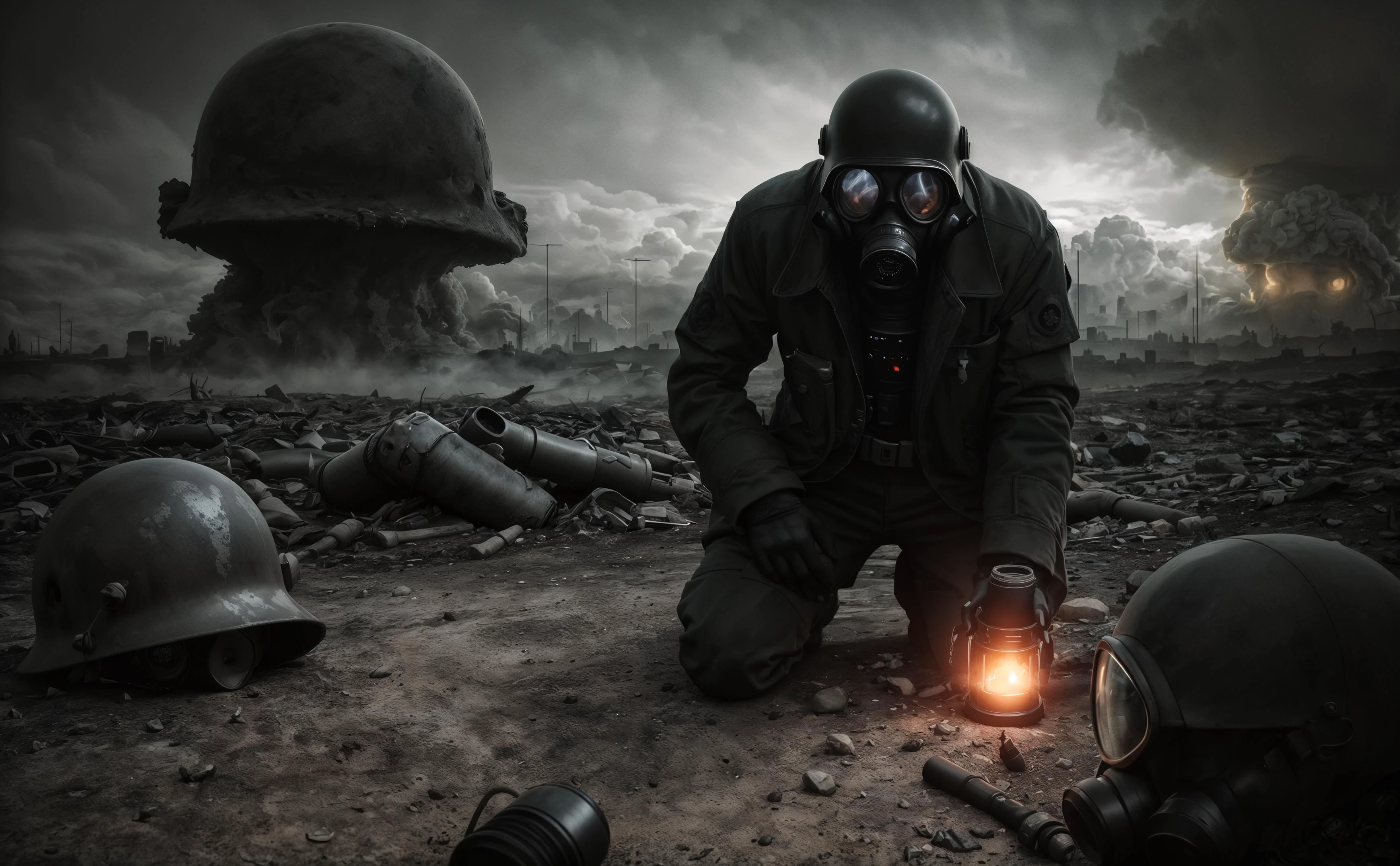 masterpiece, best quality,(photorealistic:1), glamour (close-up:1.1) shot from above of (man:1.2) in wasteland kneeling in front of (nuclear explosion:1.2), destruction, spotlight, mushroom cloud, face focus, dutch angle, (science_fiction, cyberpunk:1.3), (dark photo:1.4) (helmet,long military coat,gasmask,bulletproof vest, flashlight, glove:1.2), (glowing eyes:1.1), <lora:ww1ger_v0.1:0.3>,(ww1ger:0.5),