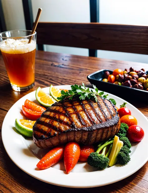 grilled dragon steak served with a side of roasted vegetables, (intricate details:1.12), hdr, (intricate details, hyperdetailed:1.15)