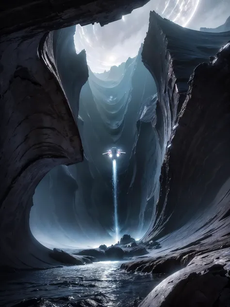 masterpiece, best quality, glamour close-up shot from below of a white symmetrical spaceship in action skimming water through an extremely narrow valley (at night:1.4) as seen from ground pov, (sleak jet:0.8), x-wing, ssv normandy, dutch angle, futuristic design, (valley:1.5), dark photo, sci-fi, (waves:1.1), (fighter jet:0.5), (photorealistic), ((cinematic view)), <lora:SpaceshipAI:0.6>