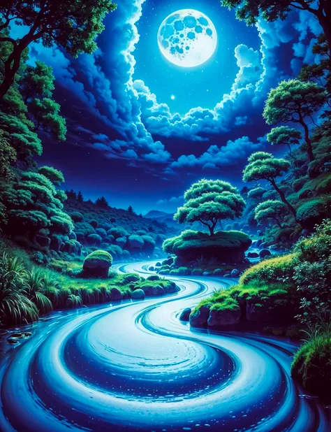 masterpiece, best quality, glamour fisheye shot (from below:0.9) of forest covered in (blue swirling magic:1.3), swirling magic, purple hue, leaves, flowers, night sky, cloudy sky, moon, mist, fog, style-swirlmagic, (photorealistic), <lora:misty of forest:0.4>